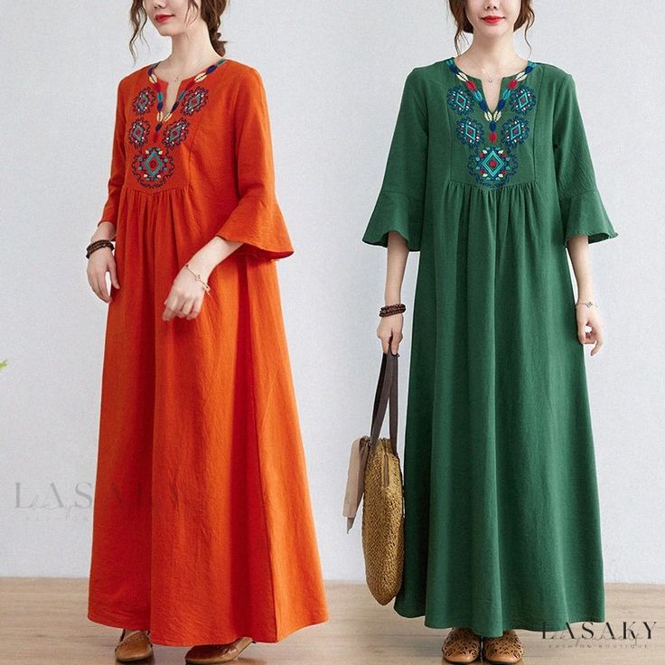 Lasaky - Loose Fit Embroidered Flower Linen Cotton Midi Dress with Seven-Quarter Sleeves Green Long Sleeve Dress With Embroidered Neckline, Green Dress With Embroidered Neckline, Green Long Sleeve Dress With Embroidered Hem, Spring Green Dresses With Embroidered Neckline, Spring Green Dress With Embroidered Neckline, Green Dress With Embroidered Neckline For Spring, Green Embroidered V-neck Maxi Dress, Casual Maxi Dress With Embroidered Hem, Spring Green Embroidered V-neck Dress