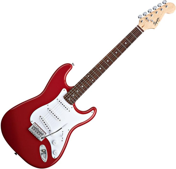 an electric guitar with a red body and neck