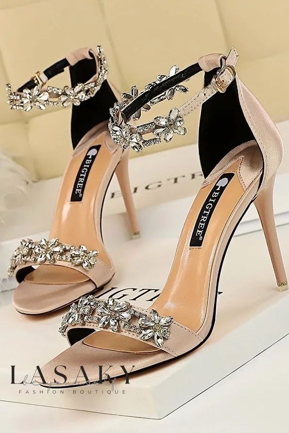 Lasaky - Elegant Ladies Stiletto Heeled Sandals featuring Luxurious Satin Upper and Dazzling Rhinestone Ankle Strap. Summer Sandals Heels, Prom Elegant, Party High Heels, Buckle Outfits, Heels Patterns, Sandals Wedding, Rhinestone High Heels, Crystal Heels, Crystal Sandals