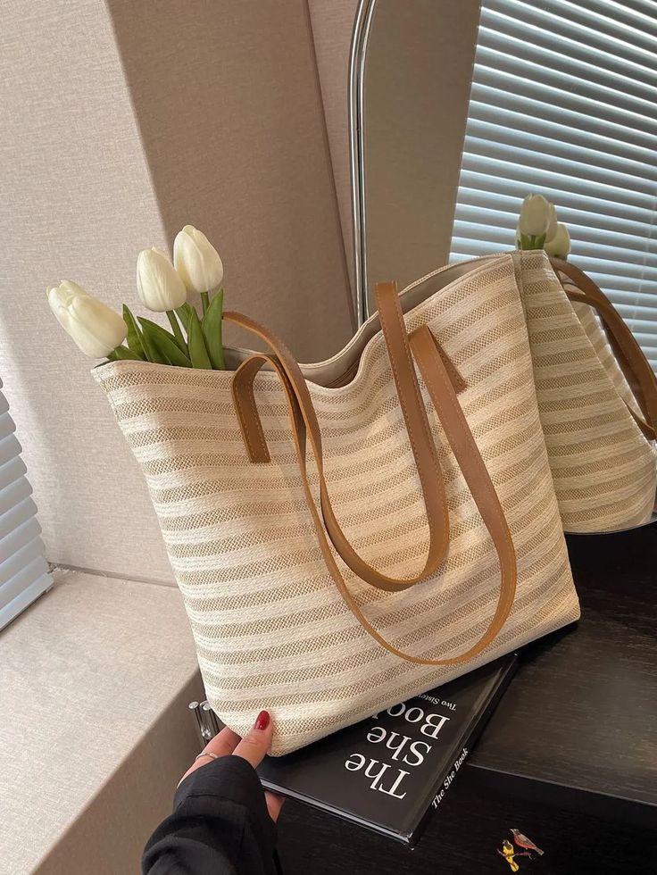 BirdinBag - Chic Striped Straw Bag Straw Handbags, White Bag, Bags Shoulder, Straw Bag, 4 Inch, Straw, Color White, Bag Lady, Stripes