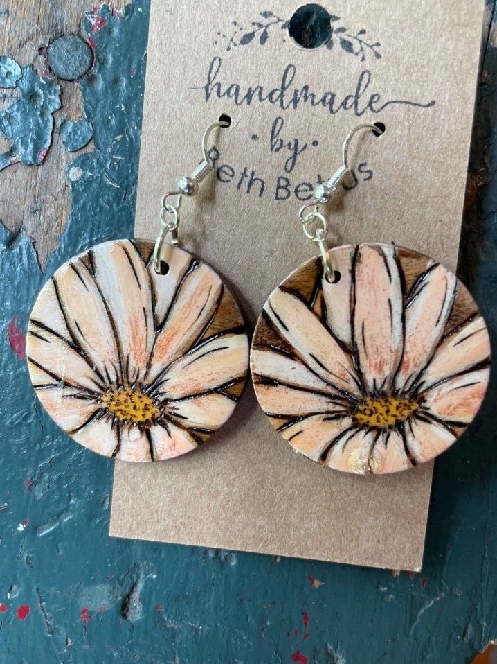 Drawn, wood burned, stained, hand painted, sealed and hung with sterling silver findings. Wood Burning Earring Ideas, Vintage Hand Painted Brown Jewelry, Hand Painted Brown Vintage Jewelry, Brown Hand Painted Vintage Jewelry, Vintage Brown Hand Painted Jewelry, Hand Painted Brown Jewelry For Gift, Hand Painted Brown Jewelry For A Gift, Artistic Hand Painted Brown Earrings, Handmade Rustic Natural Earrings