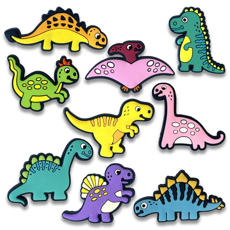 a bunch of different colored dinosaurs on a white background