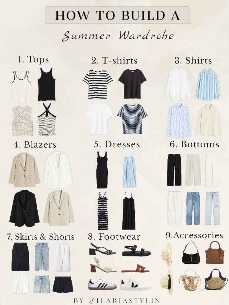 capsule wardrobe, summer capsule wardrobe, summer wardrobe, summer closet, summer fashion, tank top, black top, white top, striped t-shirt, black t-shirt, white t-shirt, white shirt, striped t-shirt, striped shirt, white shirt, striped shirt, linen shirt, white blazer, beige blazer, linen blazer, midi dress, maxi dress, black dress, black pants, white pants, linen pants, white jeans, blue jeans, ripped jeans, denim skirt, midi skirt, white shorts, denim shorts, style inspo, women fashion Chic Capsule Wardrobe, Minimalist Wardrobe Capsule, Capsule Wardrobe Casual, Capsule Wardrobe Women, Classic Capsule Wardrobe, Capsule Wardrobe Outfits, Fashion Capsule Wardrobe, Trip Essentials, Everyday Fashion Outfits