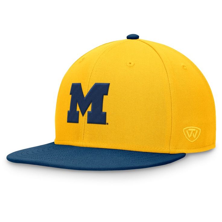 Show off your Michigan Wolverines pride with this two-toned Rally Fitted Hat from Top of the World. This stylish hat features a two-tone design with embroidered team logos on the crown and right side, letting you showcase your Wolverines pride in style. The high crown and structured fit offer a modern and comfortable feel, perfect for game day or any casual occasion. With its timeless design and eye-catching details, this Michigan Wolverines fitted hat is a must-have for any fan. Adjustable Collegiate Hats In Team Colors, Collegiate Fitted Hat With Curved Brim For College, Collegiate Cap For Fan Gear, Collegiate Sports Hat With Flat Bill, Collegiate Adjustable Fitted Hat With Flat Brim, Collegiate Fitted Hat With Adjustable Flat Brim, Curved Brim Collegiate Fitted Hat For College, Adjustable Flat Brim Fitted Hat Collegiate Style, Collegiate Flat Brim Hats For Fan Gear