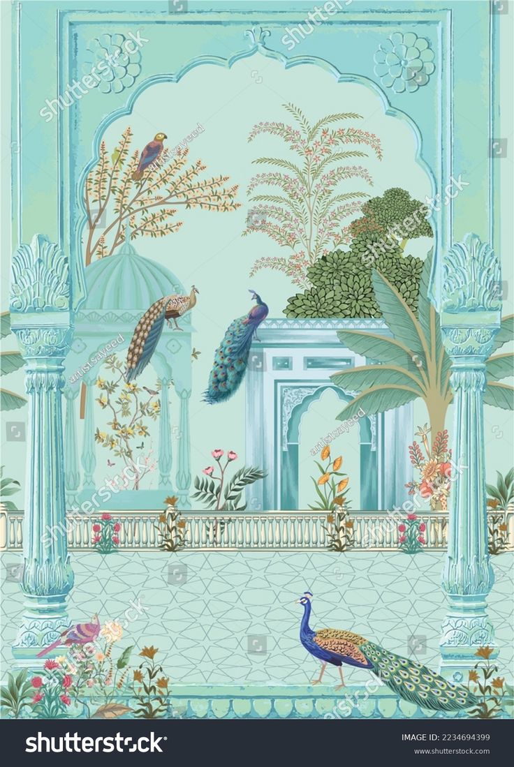 peacocks and other birds in an ornate garden scene with columns, trees and flowers