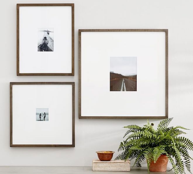 three framed photographs hang on the wall above a table with a potted plant in front of it