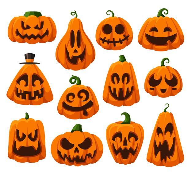 pumpkins with carved faces on white background - halloween seasons / holidays miscellaneous objects clip art