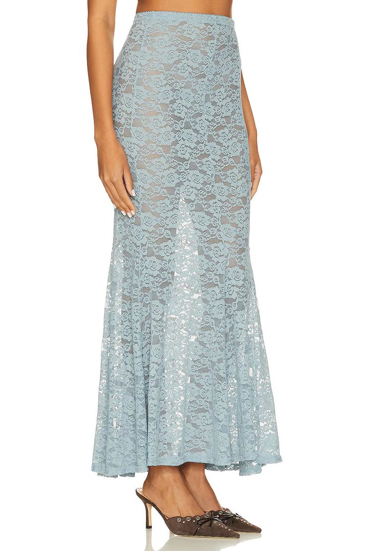 92% nylon, 8% elastane Made in China Hand wash Unlined Pull-on styling with elastic waist band Lace fabric Garment is intentionally sheer, undergarments will show through. Maxi Skirt Blue, Lace Maxi Skirt, Cardigan Sweater Jacket, Gothic Dress, Lace Maxi, Crop Top Blouse, Boho Maxi Dress, Cutout Dress, Unique Dresses