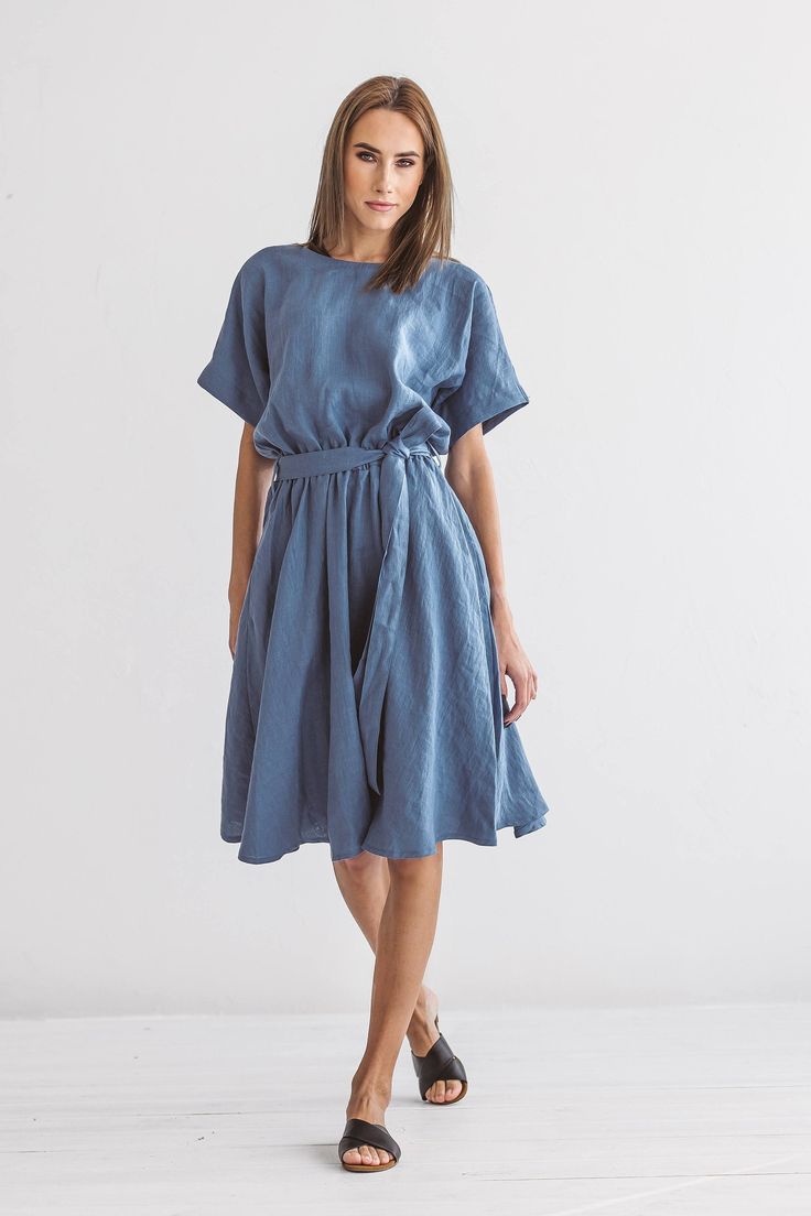 "DESCRIPTION: ♥ 100% natural European linen; ♥ safe Oeko-TEX® Standard 100 certified linen fabric ♥ softened midweight linen (185 g/m2) ♥ wide skirt dress with short sleeves ♥ with belt ♥ with pockets FIT ♥ length from the lower to the upper seam is about 43.3 inches / 110 cm ♥ measurements taken from a size S ♥ model is 173 cm and wearing a size S SIZE CHART: XS: Bust 30.7\"- 32.7\" (78-83 cm) , Waist 23.6\"- 25.6\" (60-65 cm), Hips 33.5\"- 35\" (85-89 cm) S: Bust 33\"- 35\" (84-89 cm) , Waist Belted Linen Dress For Daywear, Linen Midi Dress With Tie Waist, Linen Belted Dress For Daywear, Belted Linen Midi Dress For Daywear, Relaxed Fit Belted Midi Dress, Linen Midi Dress For Daywear, Daywear Midi Linen Dress With Tie Waist, Casual Linen Midi Dress With Tie Waist, Linen Midi Dress With Tie Waist For Daywear