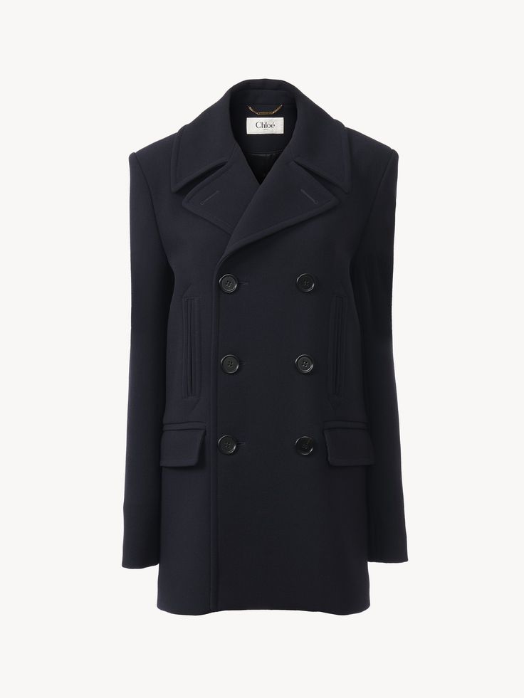 Chloé Pea Coat In Double Wool Crêpe | Chloé US Designer Wool Pea Coat With Double-breasted Buttons, Designer Wool Double-breasted Pea Coat, Designer Double-breasted Pea Coat With Hidden Buttons, Designer Wool Outerwear With Double-breasted Button, Designer Double Button Peacoat For Work, Designer Double-breasted Outerwear With Double Button Closure, Designer Wool Coat With Double Button Closure For Work, Double-breasted Wool Pea Coat With Button Cuffs, Wool Pea Coat With Double-breasted Button Fastening For Work