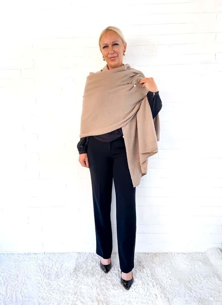 Cashmere Scarf How To Wear A, How To Wear A Cashmere Wrap, Cashmere Wrap Outfit, How To Style A Wrap Shawl, How To Wrap A Shawl, How To Wear A Wrap, How To Wear A Wrap Shawl, Shawls And Wraps How To Wear, Shawl Outfit Fall