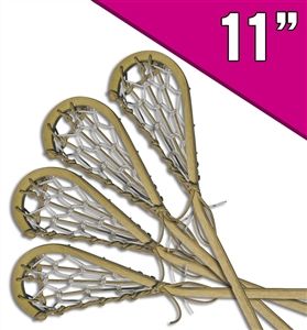 four lacrosse sticks with the number 11 on them and one is in front of a pink banner