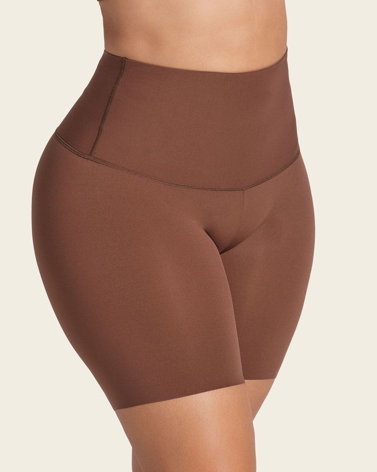 Firm High-Waisted Shaper Slip Short#color_875-dark-brown High Waist Compressive Shapewear With Wide Waistband, Versatile Compression Bottoms In Solid Color, Solid Shapewear With Built-in Shorts, High Waist Compression Bottoms With Smoothing, High Stretch Shapewear Bottoms With Contoured Waistband, High Waist Stretch Shapewear With Built-in Shorts, Compressive Shapewear Bottoms With Wide Waistband, Fitted Mid-thigh Shapewear With Wide Waistband, Compressive High-waist Shapewear Bottoms