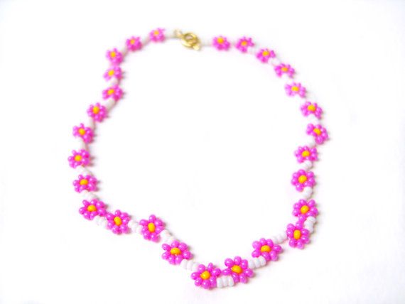 Hot Pink Flower Anklet Daisy Chain Ankle by JewelleryByJora Beaded Flower Necklace For Summer Gifts, Trendy Multicolor Flower Necklace For Summer, Trendy Multicolor Summer Flower Necklace, Summer Beaded Necklaces With Flower Charm As Gift, Summer Gift Beaded Necklace With Flower Charm, Handmade Trendy Anklets For Spring, Trendy Handmade Anklets For Spring, Summer Flower Necklace With Tiny Beads, Summer Flower Necklace With Tiny Round Beads