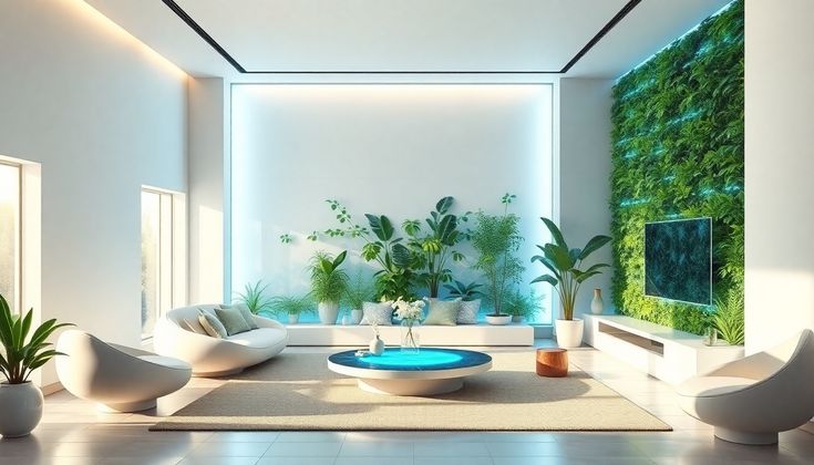 a living room filled with white furniture and plants