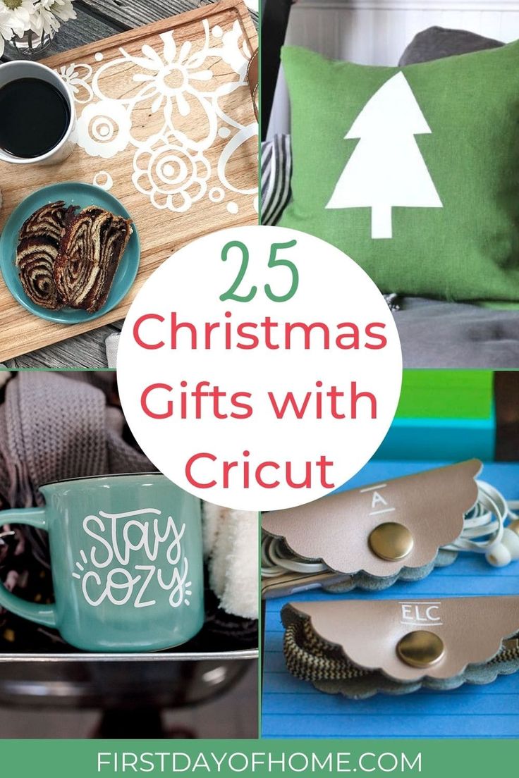 christmas gifts with cricut on the table and in front of them are coffee mugs