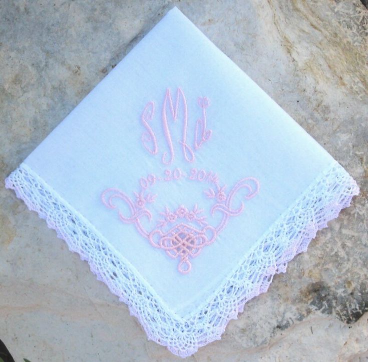 "PINK TIPPED CROCHET EDGE WEDDING HANDKERCHIEF I have been infatuated with \"everything\" heirloom sewing since the 80's ~ I just love it!  If it's lace or embroidered, I'm drawn to it.  The tradition of the bride carrying a wedding handkerchief is especially appealing, and putting a monogram on it is icing on the cake!  The bride can use to dab away happy tears or wrap it around the base of her bouquet.  It's a lovely gift for the mother of the bride, the mother of the groom, grandparents, and Elegant Pink Wedding Handkerchiefs, Wedding Handkerchiefs With Machine Embroidery, Embroidered Pink Handkerchiefs For Wedding, Pink Embroidered Handkerchiefs For Wedding, Handkerchief Wedding, Wedding Doves, Wedding Mother Of The Bride, Couples Monogram, Crochet Edge