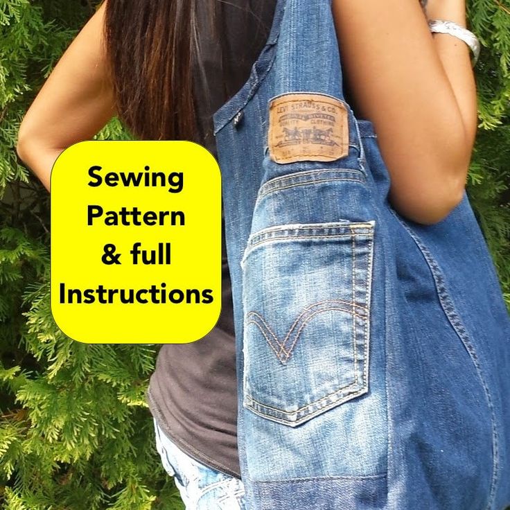 a woman carrying a denim bag with the words sewing pattern and full instructions on it