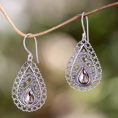 Silver Lace Earrings with 18k Gold - Silver Lace | NOVICA Filigree Jewelry, Lace Earrings, Silver Lace, Blue Topaz Earrings, Gold Overlay, Filigree Earrings, Handmade Lace, Gold Accent, Handmade Gold