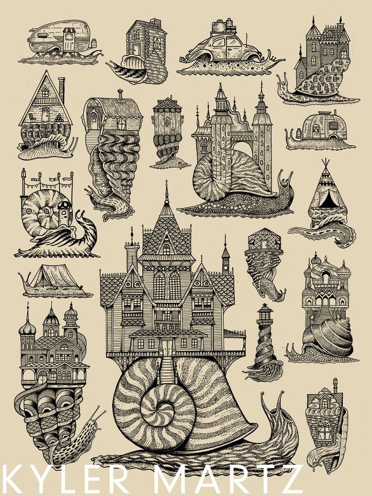 a poster with many different types of things in the background, including snails and houses