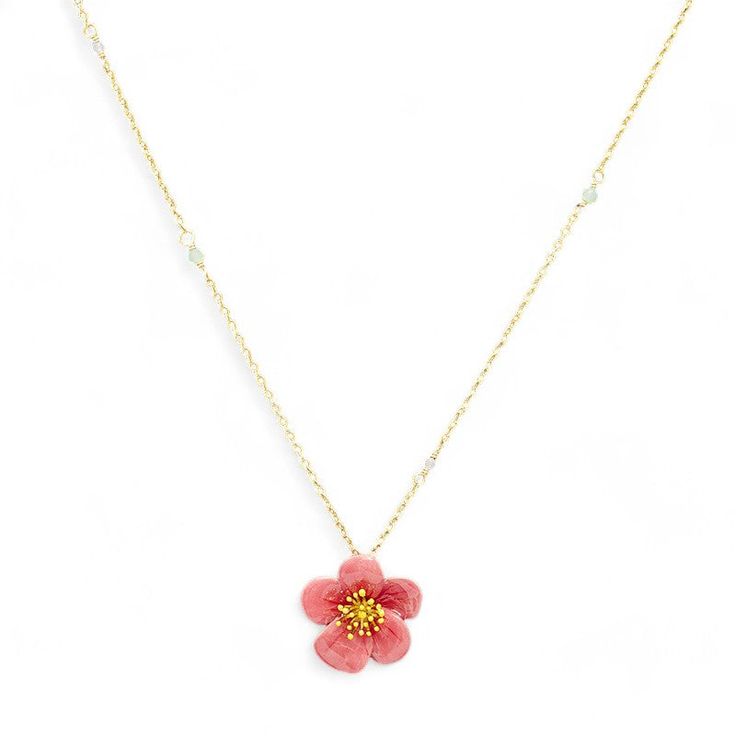 This necklace is a blooming beauty. The delicate design of an enamel plum blossom adorning the clavicle adds a touch of elegance to any outfit. Bring a little floral flair to your wardrobe and make a statement with this unique piece. Collection: Garden Series Product Type: Necklace Material: 18k gold plating brass, enamel Charm Dimensions: Height: 20 mm, Width: 20 mm Necklace length: 41 cm + 5.5 cm / 16.1 inches + 2.2 inches (Adjustable Chain) Feminine Flower Shaped Jewelry For Spring, Feminine Blossom Jewelry For Spring, Feminine Flower-shaped Jewelry For Spring, Feminine Spring Flower-shaped Jewelry, Enamel Jewelry For Spring Gifts, Dainty Blossom Color Jewelry For Spring, Blossom Flower Jewelry For Spring, Dainty Blossom Jewelry For Spring, Gold Flower Pendant Necklace For Spring