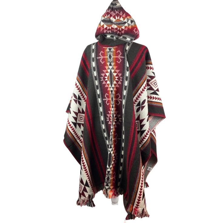 Stay cozy and fashionable this season with our fall apparel, perfect for layering over any outfit. Don't miss out on the must-have item of the season - the alpaca poncho! - Very soft and warm- Large and long perfect for the coldest wintertime- Lightweight cape- Comfortable shawl- With fringes and geometric patterns - Made of alpaca wool and acrylicMeasurements: Length from shoulder to bottom: 39 inches + 1 inch fringesWidth from left to right: 48 inchesCare instructions:- Hand wash in cold water Cozy Winter Cape Poncho, Cozy Winter Poncho For Cold Weather, Winter Alpaca Poncho Cape, Winter Alpaca Cape Poncho, Cozy Alpaca Poncho For Winter, Red Oversized Poncho For Winter, Red Shawl Outerwear For Winter, Oversized Red Poncho For Winter, Oversized Alpaca Poncho For Winter