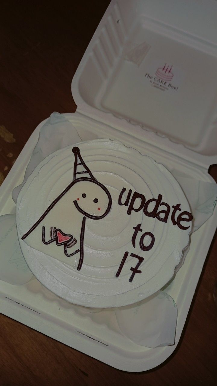 a cake in a box that says update to 17