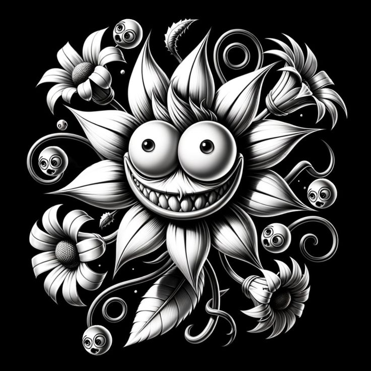 a black and white drawing of a smiling sunflower with skulls on it's face