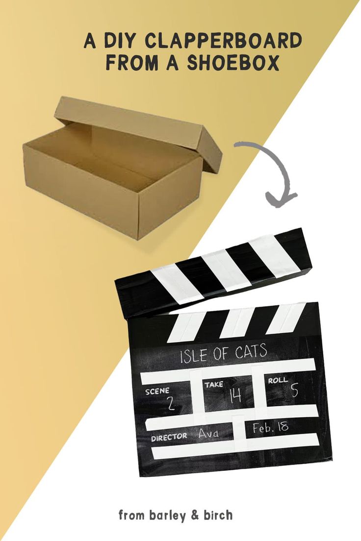 a cardboard box with a movie clapperboard next to it and an image of a cat