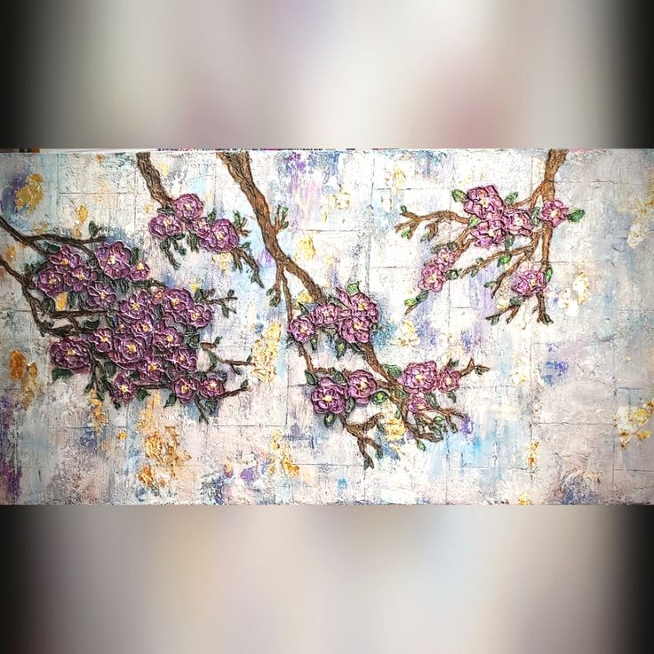 an abstract painting with flowers on it