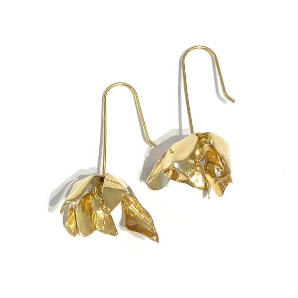 Flower drop earrings    choose from:  14k gold plated brass with gold vermeil posts  or  925 sterling silver    2" x 1"    made in vancouver Elegant Brass Flower Earrings Nickel Free, Delicate Gold Tarnish-resistant Earrings, Elegant Recycled Gold Earrings With Ear Wire, Gold Brass Jewelry In Flower Shape, Elegant Gold Flower Earrings Nickel Free, Tarnish Resistant Recycled Gold Drop Earrings, Tarnish-resistant Drop Earrings In Recycled Gold, Elegant Everyday Dangle Flower Earrings, Everyday Gold Jewelry In Flower Shape