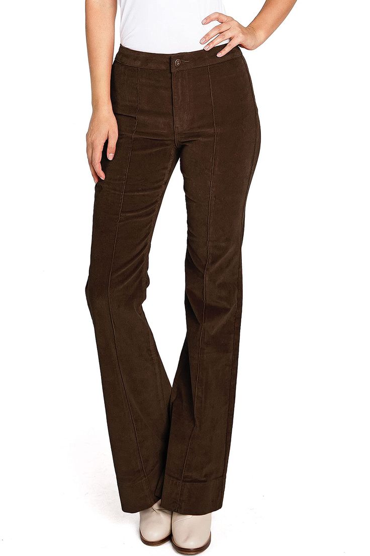 High-rise, slim-fit corduroy flares with retro pin tuck seams down the center. Comfortable and stretchy. Classic zip fly and button closure with pockets on the back. Looks great dressed up with heels and a crop knit! CARE | Machine Wash Cold Inside Out CONTENTS | 98% Cotton, 2% Spandex MEASUREMENTS | 43"/109 cm Top to Bottom 33"/84 cm Inseam 10"/25 cm Rise (Size 26/3) MODEL | 5'8 - wearing a size 26/3 IMPORTED Stretch Flare Corduroy Bottoms, Stretch Corduroy Flare Bottoms, Fitted Full Length Brown Flare Jeans, Fitted Flare Corduroy Pants, Flare Corduroy Bottoms For Spring, Flared Corduroy Bottoms For Spring, Spring Flare Corduroy Bottoms, Spring Flared Corduroy Bottoms, Stretch Corduroy Bottoms For Fall