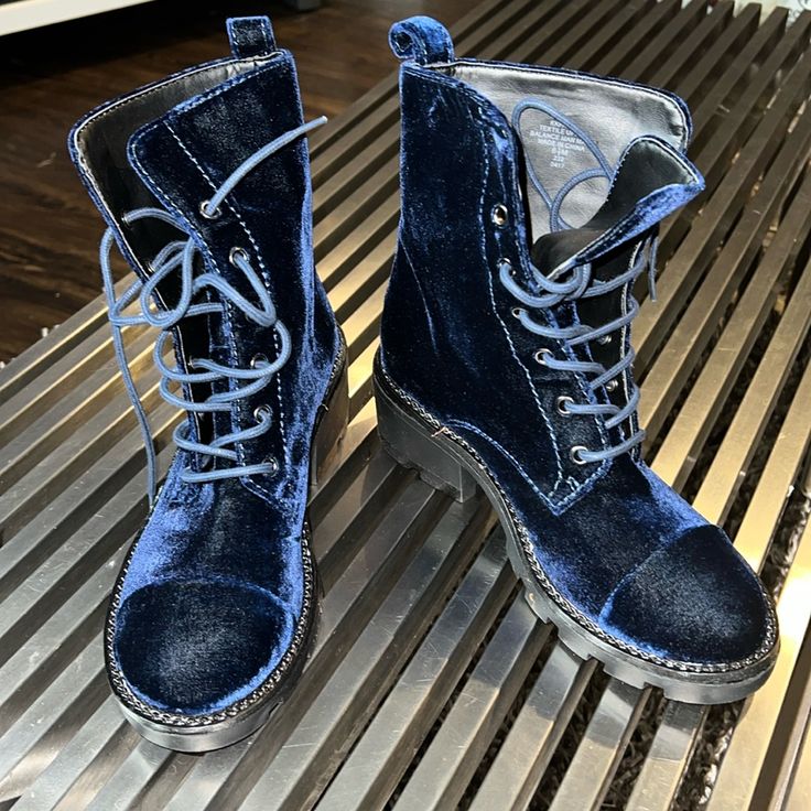 Royal Blue Velvety Combat Style Boots With A Beautiful Silver Chain Around The Bottom Of The Shoe. These Boots Were Never Worn Size 6 1/2 Medium. Blue Platform Boots With Pointed Toe, Blue High-top Platform Boots, Winter Blue Platform Boots, Casual Blue Platform Boots, Blue High-top Winter Boots, Blue Round Toe Platform Boots For Fall, Blue Ankle-high Platform Boots, Fall Blue Platform Boots With Round Toe, Blue Winter Boots With Reinforced Heel