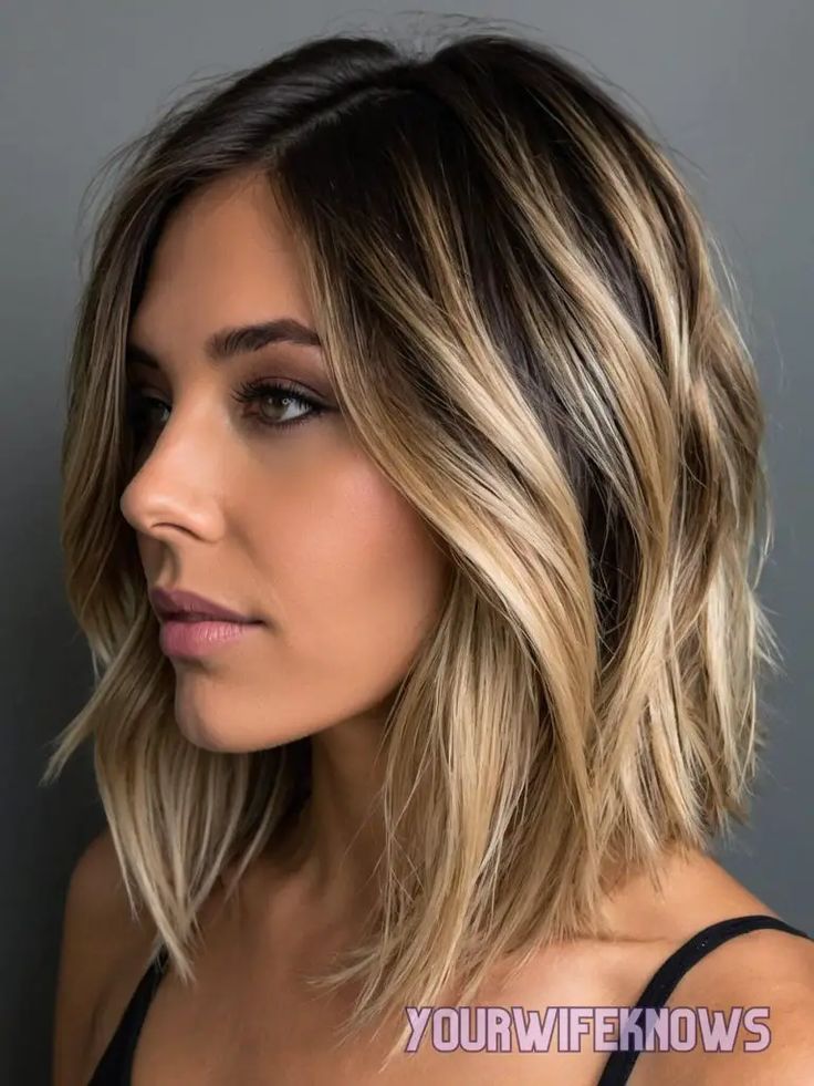 33 Trendsetting Ombre and Balayage Styles for Every Shade of Blonde Lob Bronde Balayage, Blonde Bayalage On Brown Hair, Medium Length Balayage Hair, Blonde Highlights With Dark Roots, Shoulder Length Blonde Bob, Blonde Balayage Lob, Root Melt Blonde, Ombré Bob, Lob Balayage