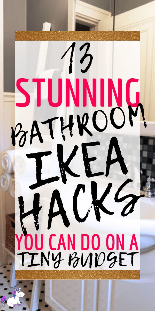 a bathroom with black and white checkered flooring and pink text that reads, stunning bathroom ikea hacks you can do on a tiny budget