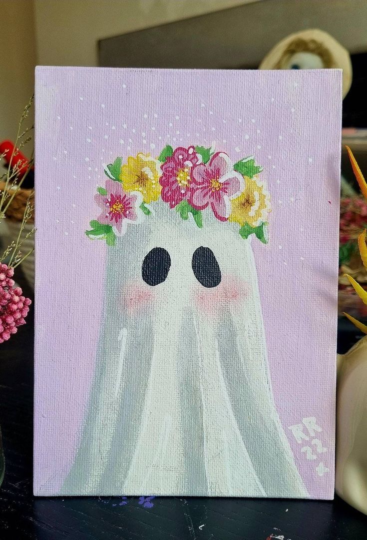 a painting of a ghost with flowers on its head