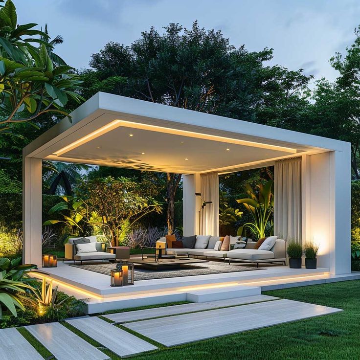 an outdoor living area with couches, tables and lights in the middle of it