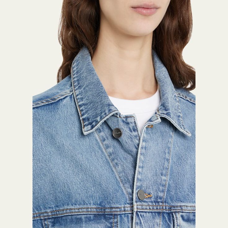 Khaite "Grizzo" denim jacket featuring stone wash detail Point collar; button front Long sleeves; button cuffs Chest button-through flap pockets Straight fit Belt loops hem Cotton Made in USA Cocktail Jacket, Oversized Denim Jacket, Black Denim Jacket, Oversized Jacket, Leather Jacket Black, Lingerie Sleepwear, Outerwear Women, Handbags On Sale, Outerwear Jackets