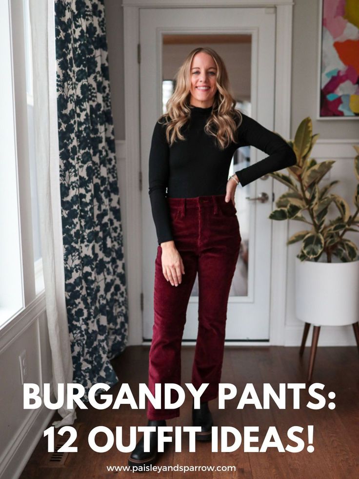 Wondering what to wear with burgandy pants? here is exactly how to wear burgandy pants! 12 outfit ideas that you can copy. How To Dress Brown Pants, Rose Wide Leg Pants Outfit, Outfit Burgundy Pants, Maroon Pants Outfit Winter, Burgundy Courdoroy Pants, Burgandy Pants Outfits Casual, Teal And Burgundy Outfit, Straight Leg Corduroy Pants Outfit, How To Wear Burgundy Pants