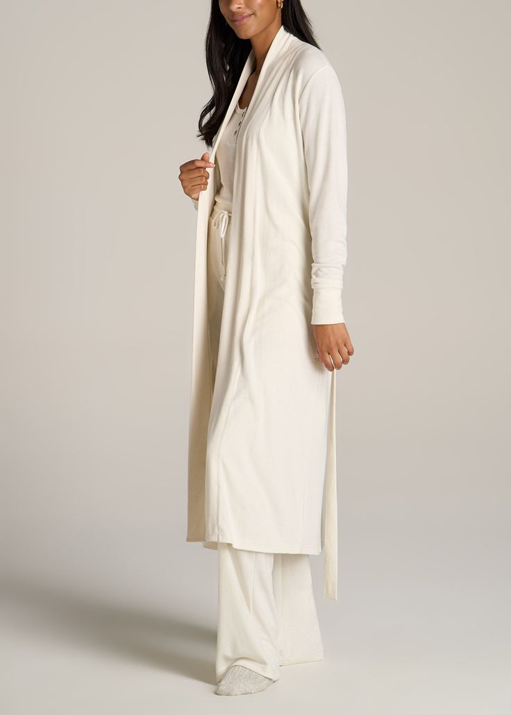 About Our Extra-Long Women’s Robe This waffle lounge robe for tall women is made for cozy nights in and lazy weekend mornings. When it comes to relaxation, you need options that are as soft and comfy as they are long enough – which is why we design all of our loungewear for tall women between 5’9” and 6’6”. This extra-long women’s robe has been designed for your height, with a length that will end below the knee and sleeves with ribbed cuffs that will go all the way past your wrists. Loungewear White Long-length Sleepwear For Loungewear, Cozy Solid Color Cardigan For Loungewear, Cozy Cotton Robe For Loungewear, Cozy Relaxed-fit Robe For Daywear, Comfortable Long Spring Sleepwear, Long Sleepwear For Spring Relaxation, Cozy Daywear Robe, Spring Cozy Robe For Loungewear, Cozy Robe With Relaxed Fit For Loungewear