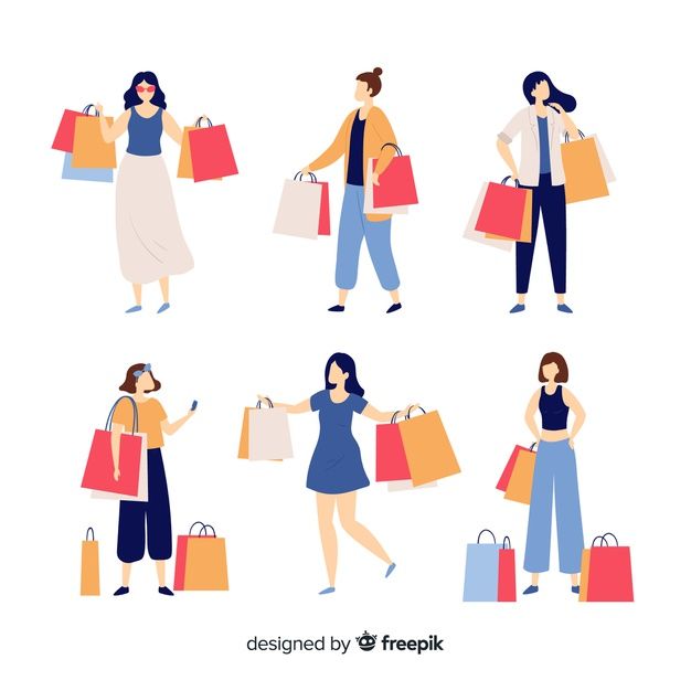 people carrying shopping bags in different poses