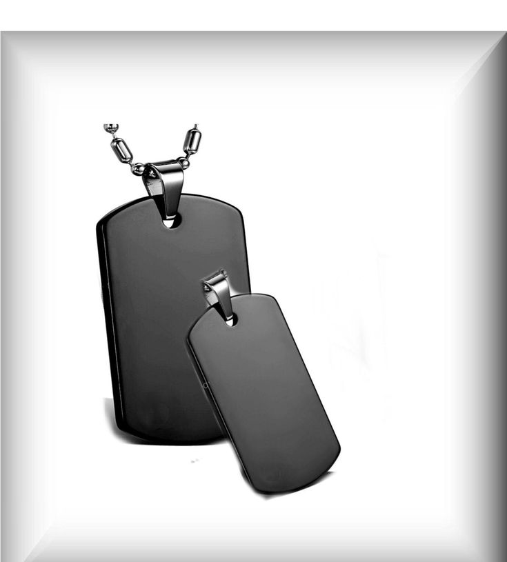 "This engraved black dog tag necklace set can be personalized with names, dates or a message of love on both sides of each custom necklace pendant. If you would like a heart engraved between names or on any line you can simply type the word \"heart\" into the desired location. The stainless steel dog tag necklace is also a wonderful gift for your best friend. DIMENSIONS: LARGE: 1.125 inch wide x 2 inches tall SMALL : 1.625 X 0.875 High Polished Black Pendant With Stainless Steel Silver Necklace Customizable Black Stainless Steel Necklaces, Personalized Black Rectangular Jewelry, Personalized Black Dog Tag Jewelry, Black Dog Tag Engraved Necklaces, Black Engraved Dog Tag Necklace, Engraved Black Dog Tag Necklace, Black Personalized Dog Tag Necklace, Black Personalized Rectangular Necklace, Couples Necklaces