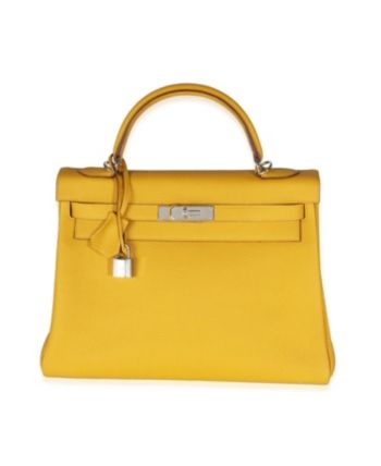 Pre-Owned Hermes Retourne Kelly 32 Leather Handbag Classic Yellow Gold Rectangular Bag, Classic Rectangular Yellow Gold Bag, Luxury Yellow Bag With Top Carry Handle, Yellow Gold Rectangular Leather Bag, Designer Yellow Gold Rectangular Bag, Luxury Yellow Bag With Palladium Hardware, Yellow Gold Top Handle Bag For Everyday Use, Yellow Gold Bag With Gold-tone Hardware And Top Handle, Yellow Gold Bags With Gold-tone Hardware And Top Handle