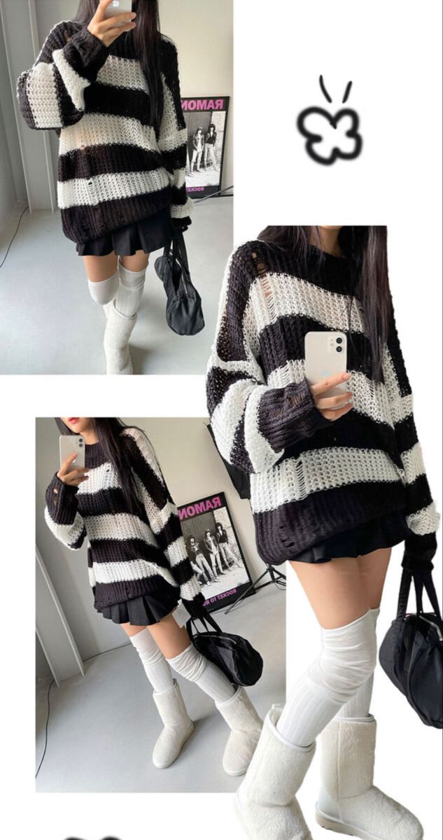 black and white seeater, white leg warmers, white boots, black bag Outfit Ideas Acubi Fashion, Acubi Fashion Outfit Ideas, Acubi Winter Fit, Acubi Winter Style, Winter Outfits Acubi, Outfit Ideas Acubi, Acubi Cold Outfits, Acubi Style Outfits Winter, Winter Acubi Outfits