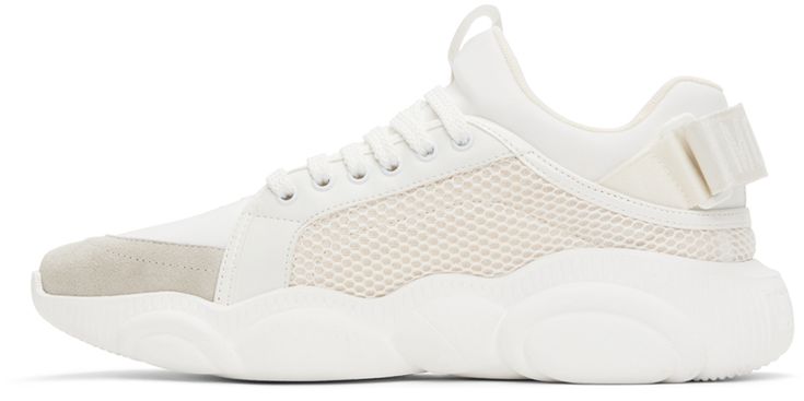 Low-top calfskin suede, mesh, and stretch jersey sneakers in white. · Reflective logo-woven trim throughout · Lace-up closure · Pull-loop at tongue · Padded sock-style collar · Logo-woven velcro strap at heel · Sculptural rubber midsole · Treaded rubber sole Supplier color: White White Mesh Sneakers With Rubber Sole, White Mesh Sneakers With Textured Sole, White Mesh Sneakers With Contrast Sole, Mesh High-top Sneakers With Contrast Sole, Mesh High-top Sneakers With Textured Sole For Streetwear, White Mesh High-top Sneakers With Perforations, White Mesh High-top Sneakers With Laces, White High-top Sneakers With Textured Sole For Athleisure, White Mesh High-top Athleisure Sneakers