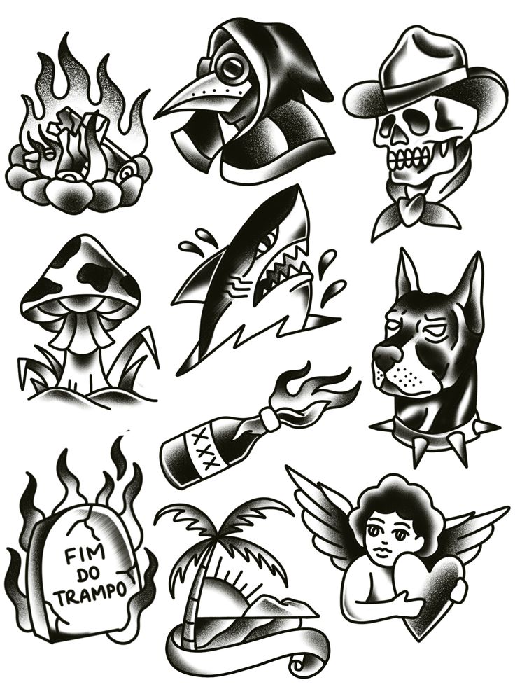 an assortment of tattoo designs on a white background