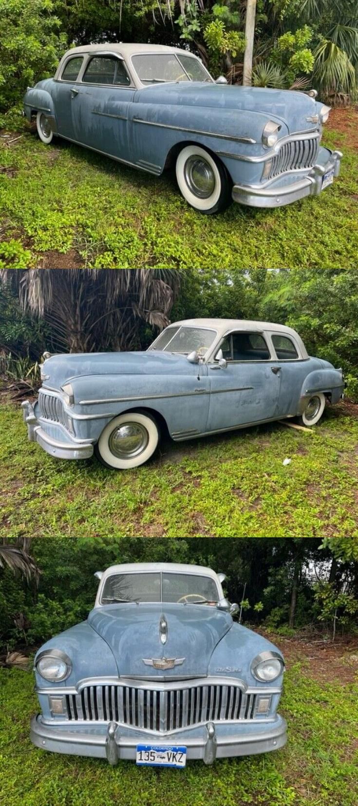 an old blue car is shown in three different stages, and the other side shows it's paint job