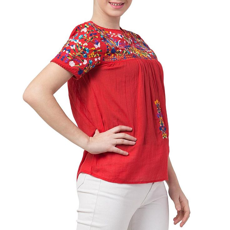 Raj Roshni Embroidered Blouse From the sea to the shore and all the places in between. This blouse resonates in a season that's full of swelter. Top it over shorts and skirt for impeccable chic and ease. Casual Red Blouse With Floral Embroidery, Red Floral Embroidered Blouse For Summer, Bohemian Red Blouse With Relaxed Fit, Summer Beach Embroidered Top With Hem Detail, Bohemian Red Blouse Relaxed Fit, Red Floral Embroidered Summer Blouse, Beach Top With Embroidered Hem, Summer Beach Top With Embroidered Hem, Multicolor Embroidered Tops For Beach