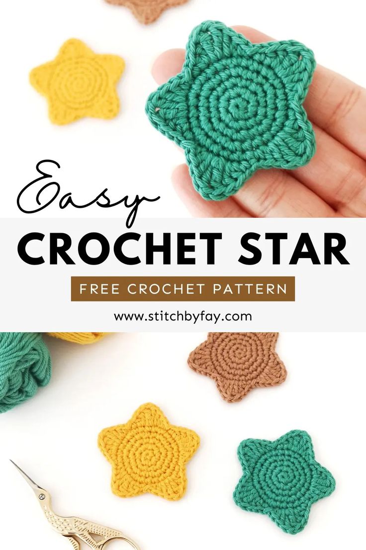 the crochet star is shown in different colors and sizes, with text overlay that reads easy crochet star free crochet pattern