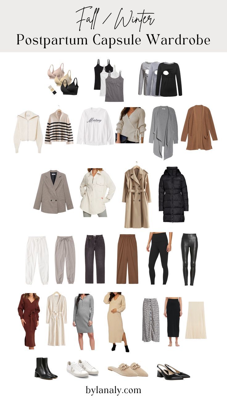 Postpartum Capsule Wardrobe for the Fall and Winter New Mom Wardrobe Capsule, Nursing Capsule Wardrobe Fall, Fall Postpartum Wardrobe, Fall Outfits Knit Sweaters, Mama Capsule Wardrobe, Casual Post Partum Outfits, New Mum Fashion, Mama Fall Outfits, Fall Outfits Postpartum